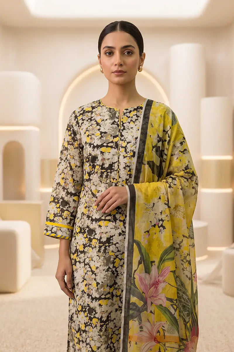 Beechtree - 2piece Stitched suit (Shirt & Dupatta) (Vibrant Canary Yellow)