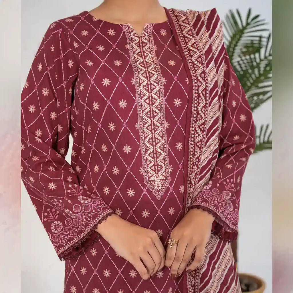 Parthia By KBC Fashion - 3PC Unstitched Printed Cambric Suit (Cherry Pink)
