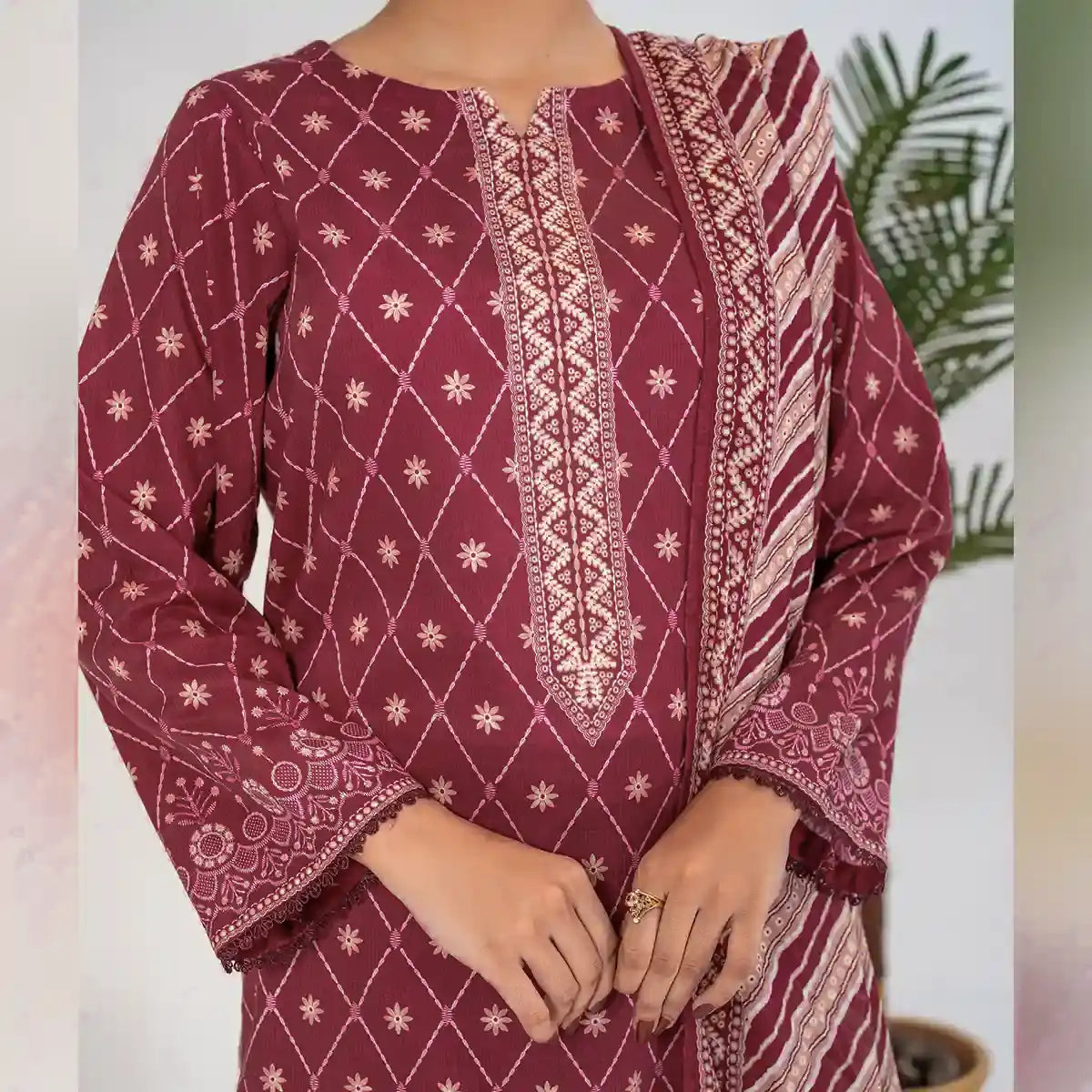 Parthia By KBC Fashion - 3PC Unstitched Printed Cambric Suit (Cherry Pink)