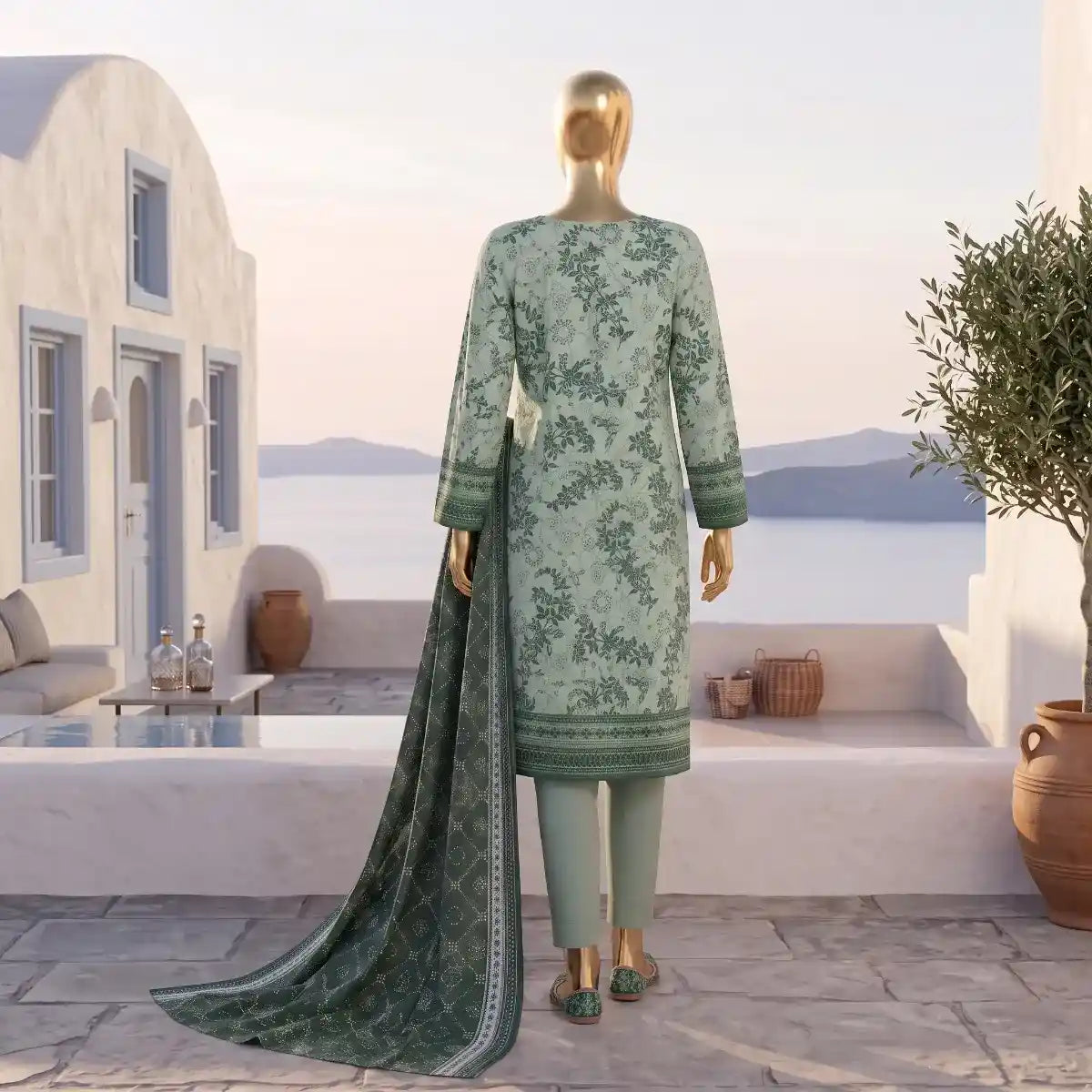 Safina Pop (Vol-02) by A One Textile - 3PC Unstitched Printed Lawn Suit (Sage Green)