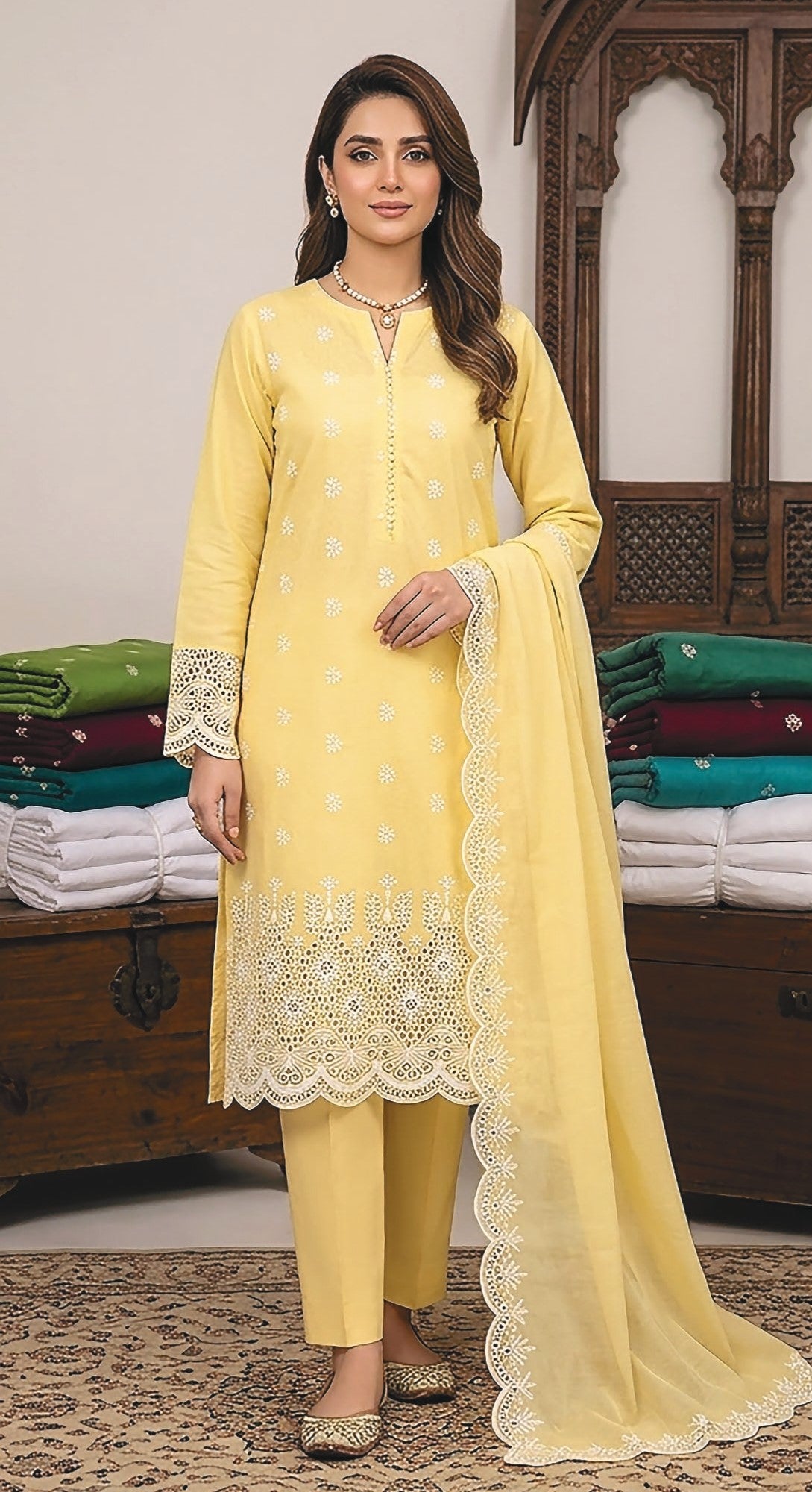 Rimal by UK Vol-48 3PC Unstitched Schiffli Embroidered Lawn Suit (Yellow)