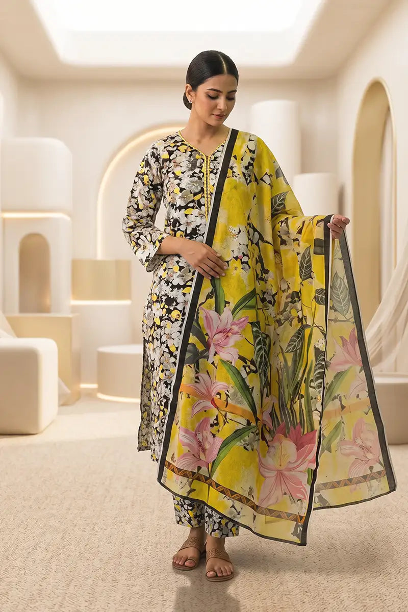 Beechtree - 2piece Stitched suit (Shirt & Dupatta) (Vibrant Canary Yellow)