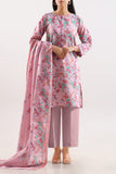 Woman wearing a pink floral outfit with a matching dupatta on a white background