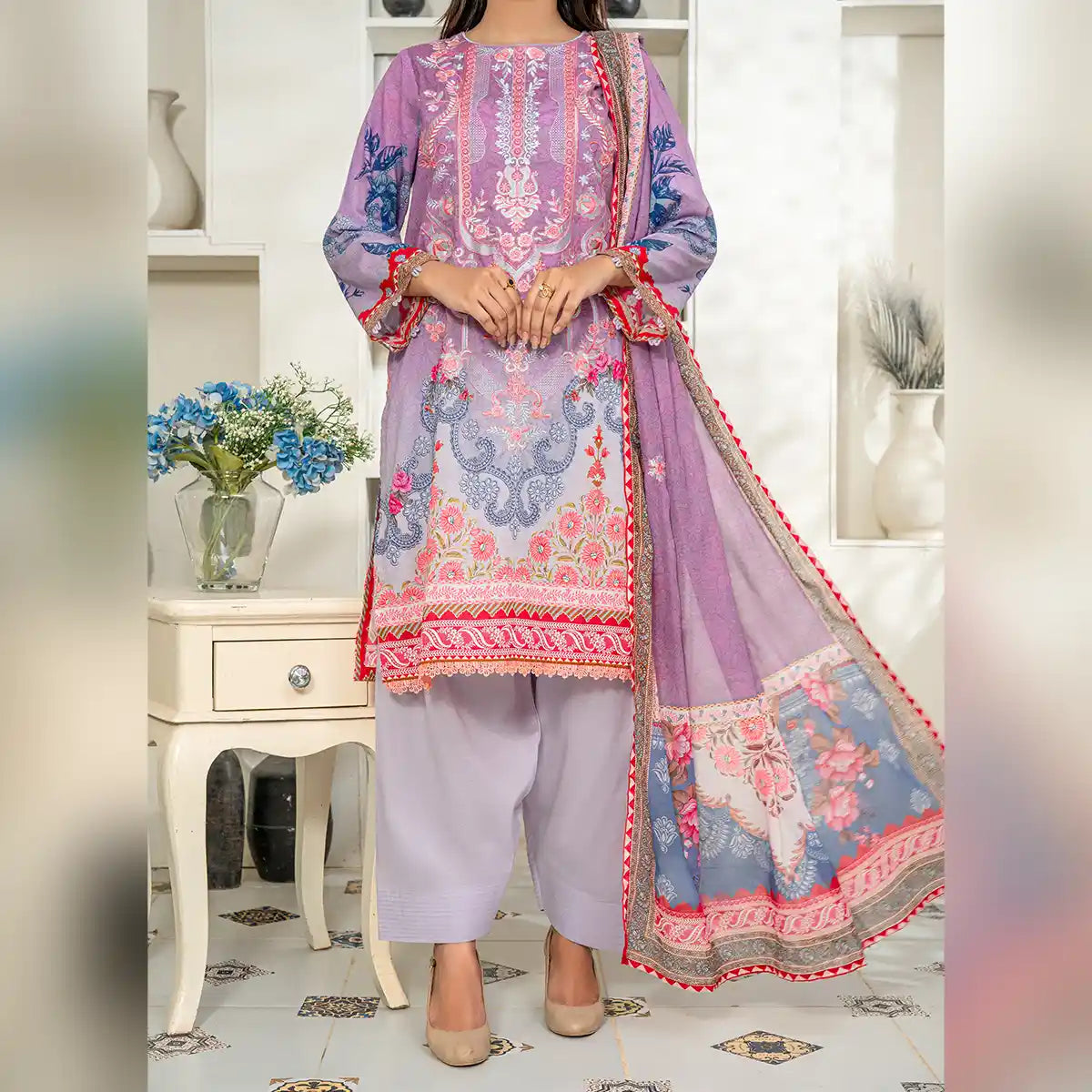 Aarzoo By KBC Fashion – 3 Piece Unstitched Embroidered Lawn Suit  – Light Purple