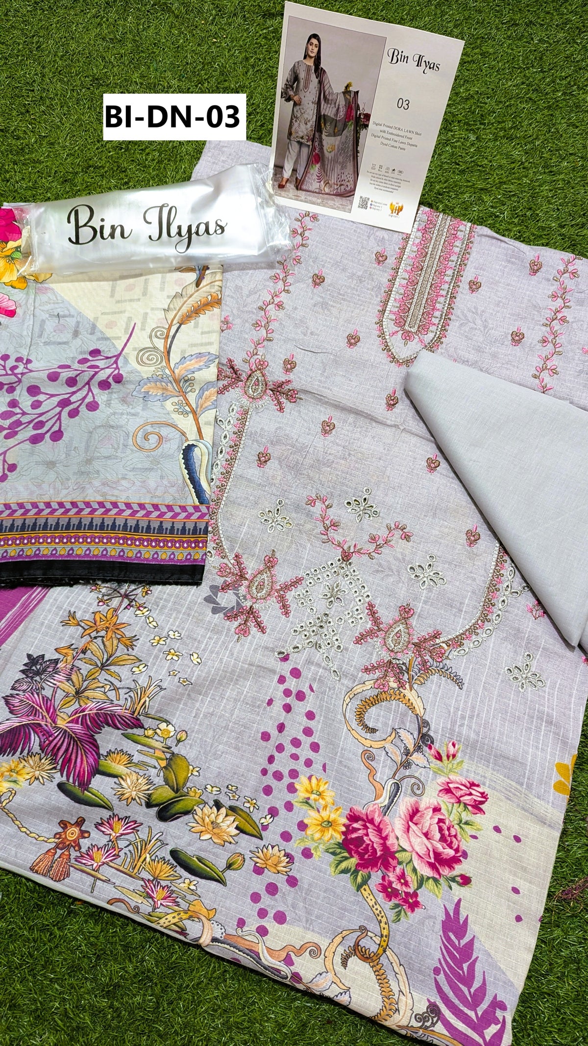 BIN ILYAS – Unstitched 3PC Embroidered Doria Lawn