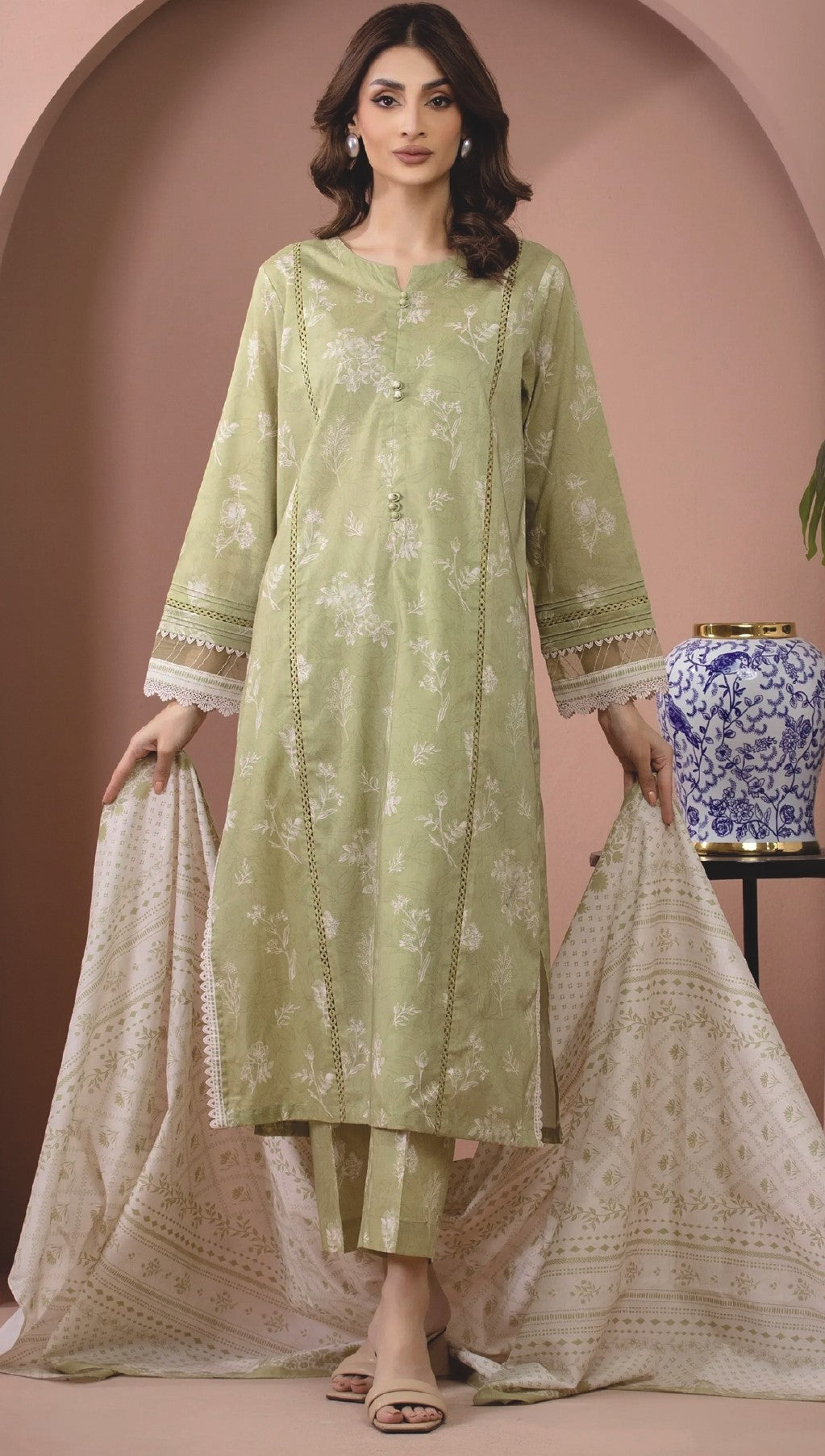 Edenrobe By Allure Unstitched Printed Lawn (Olive Green)