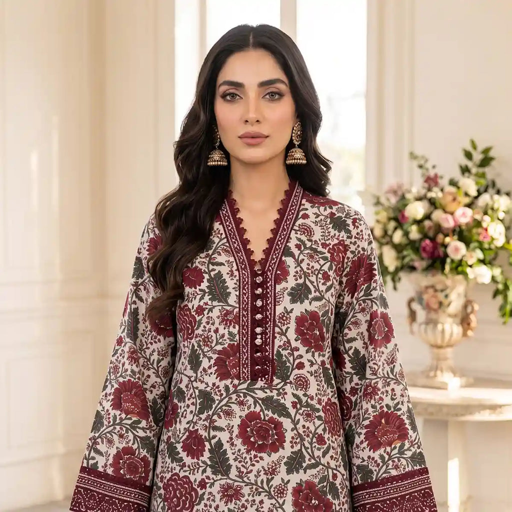 Sapphire 2-Piece Stitched Khaddar Suit (White & Red)