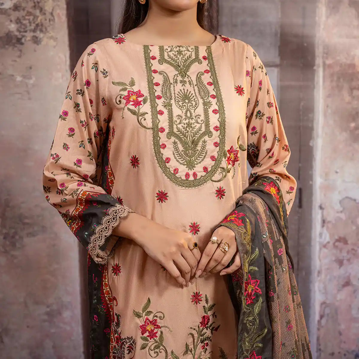 Aarzoo By KBC Fashion – 3 Piece Unstitched Embroidered Lawn Suit  – Beige