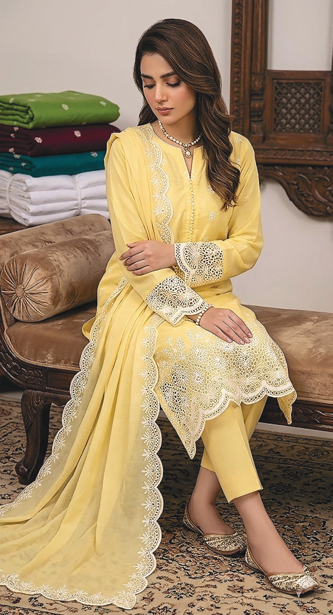 Rimal by UK Vol-48 3PC Unstitched Schiffli Embroidered Lawn Suit (Yellow)
