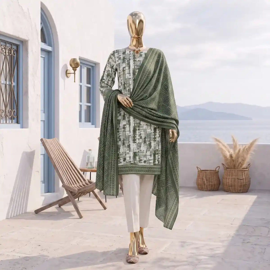 Safina Pop (Vol-02) by A One Textile - 3PC Unstitched Printed Lawn Suit (Olive Green )