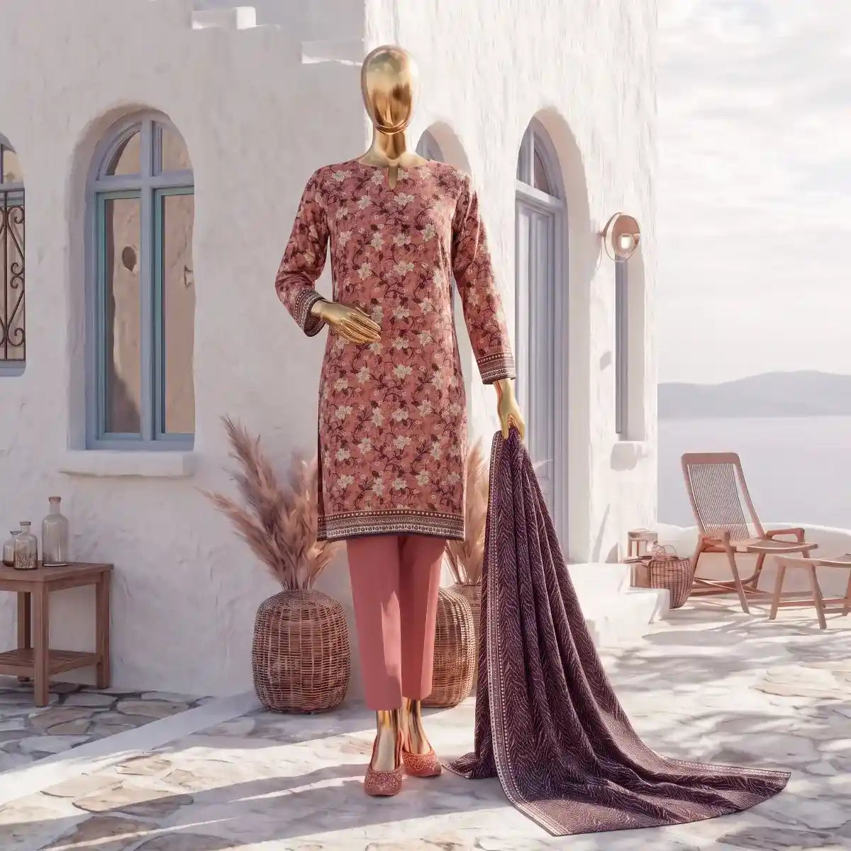 Safina Pop (Vol-02) by A One Textile - 3PC Unstitched Printed Lawn Suit (Rust)