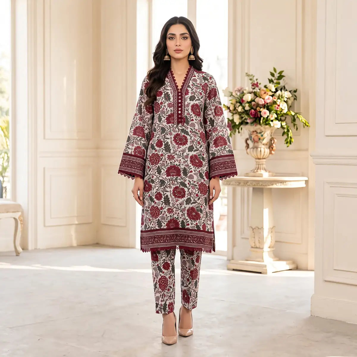 Sapphire 2-Piece Stitched Khaddar Suit (White & Red)
