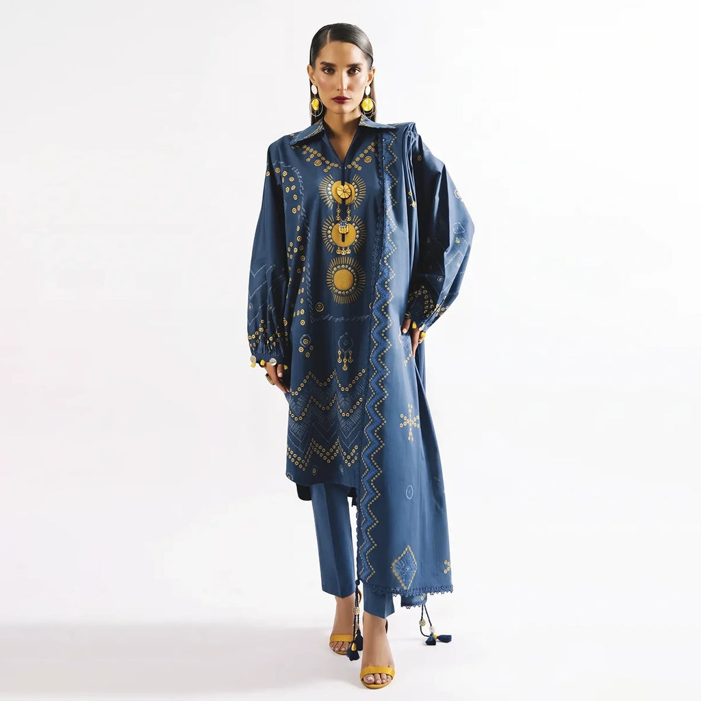 Agha Noor 3-Piece Unstitched Printed Premier Cambric Suit – Blue