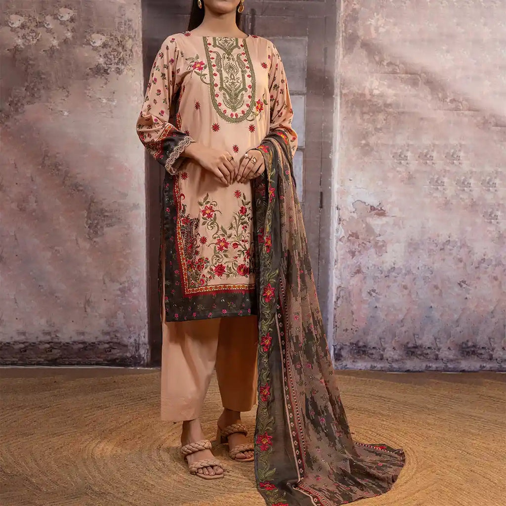 Aarzoo By KBC Fashion – 3 Piece Unstitched Embroidered Lawn Suit  – Beige