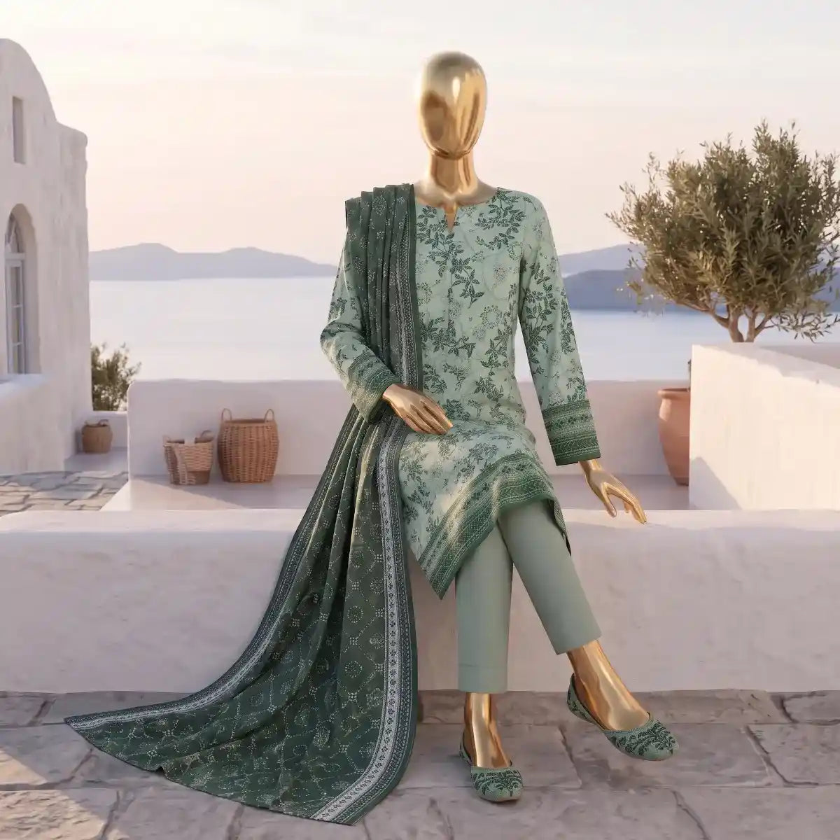 Safina Pop (Vol-02) by A One Textile - 3PC Unstitched Printed Lawn Suit (Sage Green)