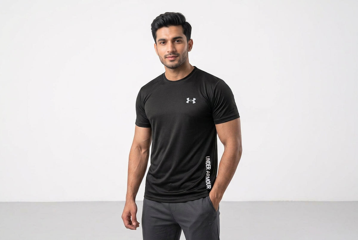 Under Armour - Men’s Dry Fit T-Shirt with Icon Logo & Side Text (Black)