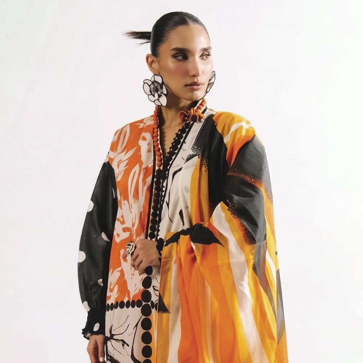 Agha Noor 3-Piece Unstitched Printed Premier Cambric Suit – Skin & Orange