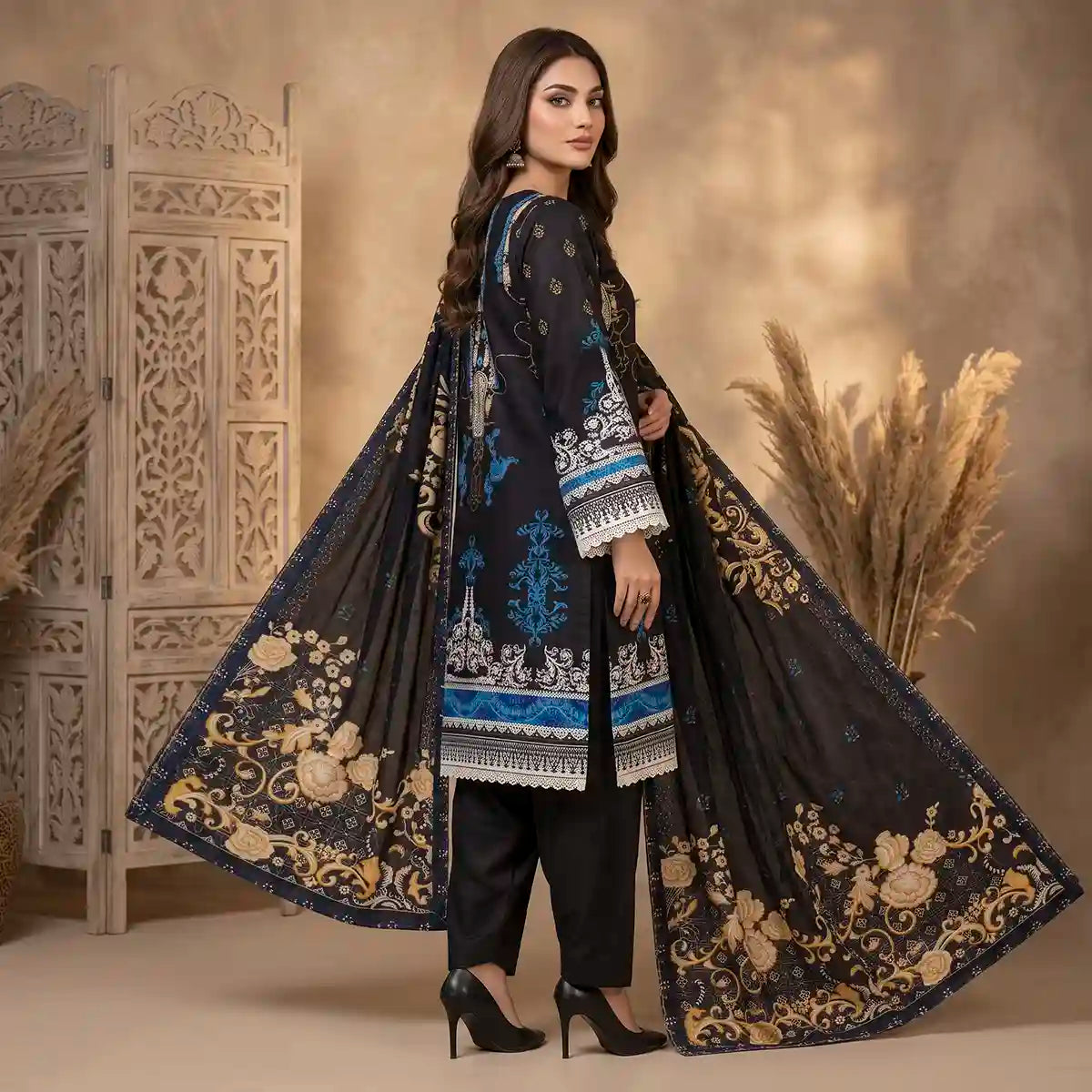 Orchid by KBC Fashion – Printed Khaddar 3 Piece Unstitched Suit – [Black]