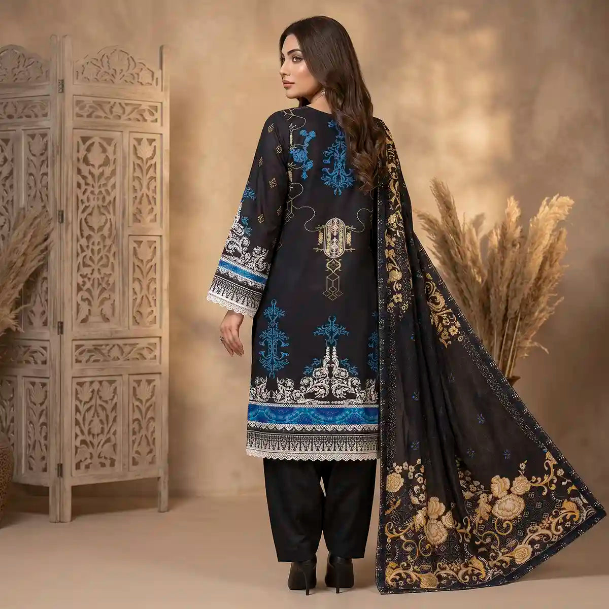 Orchid by KBC Fashion – Printed Khaddar 3 Piece Unstitched Suit – [Black]