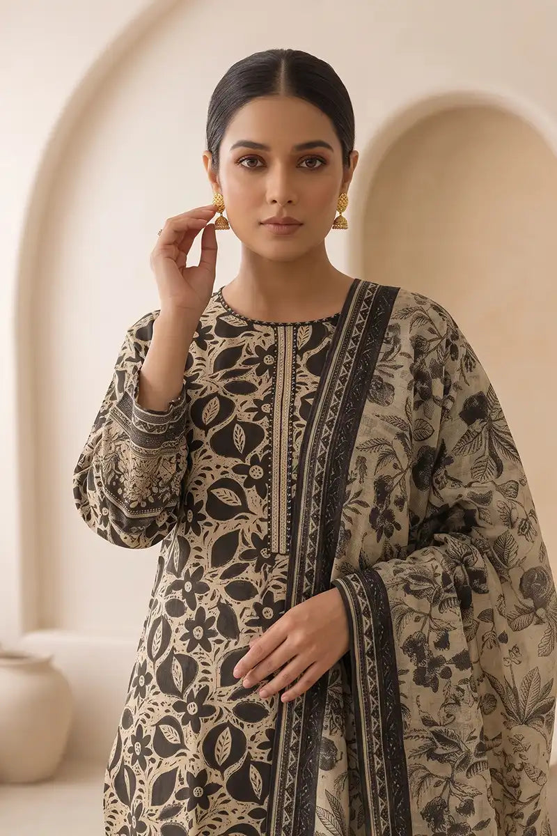 Beechtree - 2piece Stitched suit (Shirt & Dupatta) (Light Khaki)