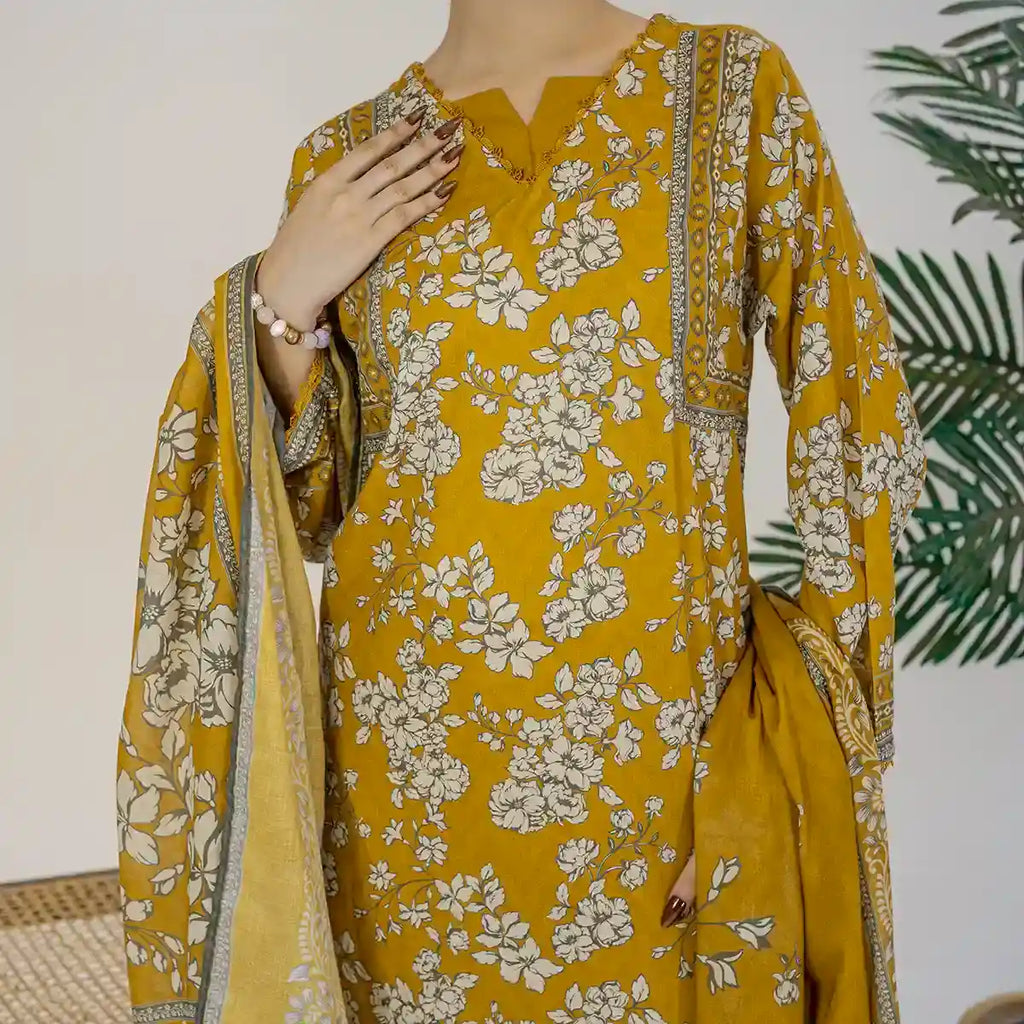 Parthia By KBC Fashion - 3PC Unstitched Printed Cambric Suit (Mustard Gold)