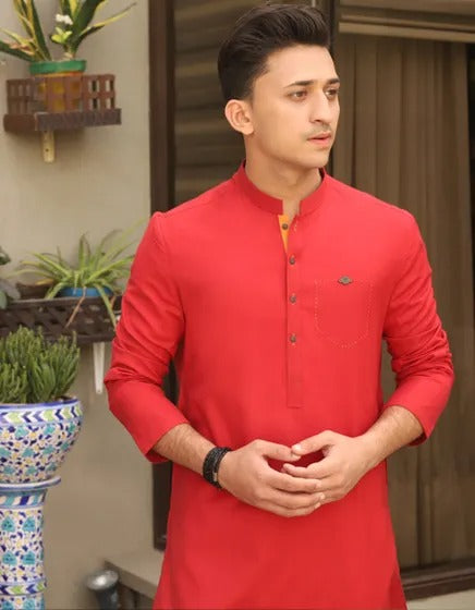 Plain Kurta For Teens With Contrast Kaaj On Placket And Twin Stitches On Pocket Side