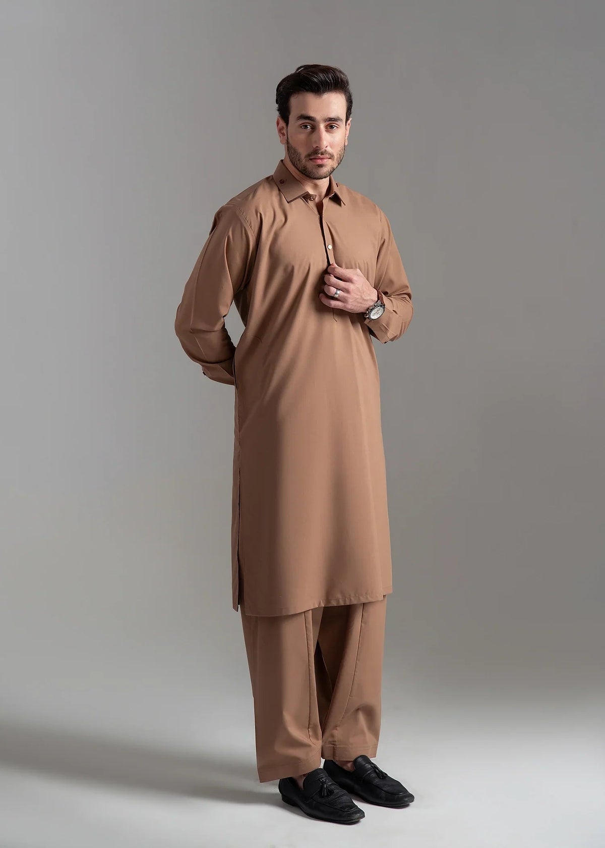 Grace Men’s Wash & Wear Unstitched Fabric Suit (Brown)