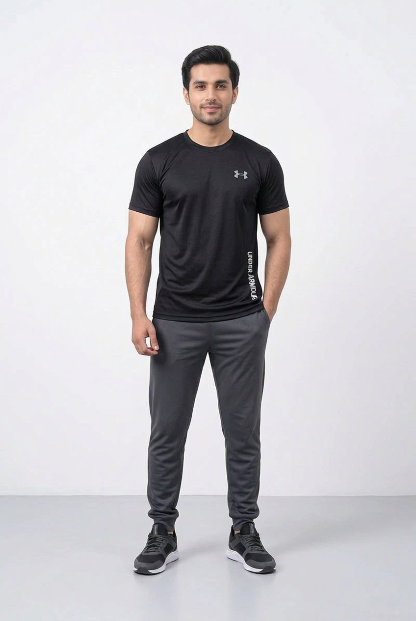 Under Armour - Men’s Dry Fit T-Shirt with Icon Logo & Side Text (Black)