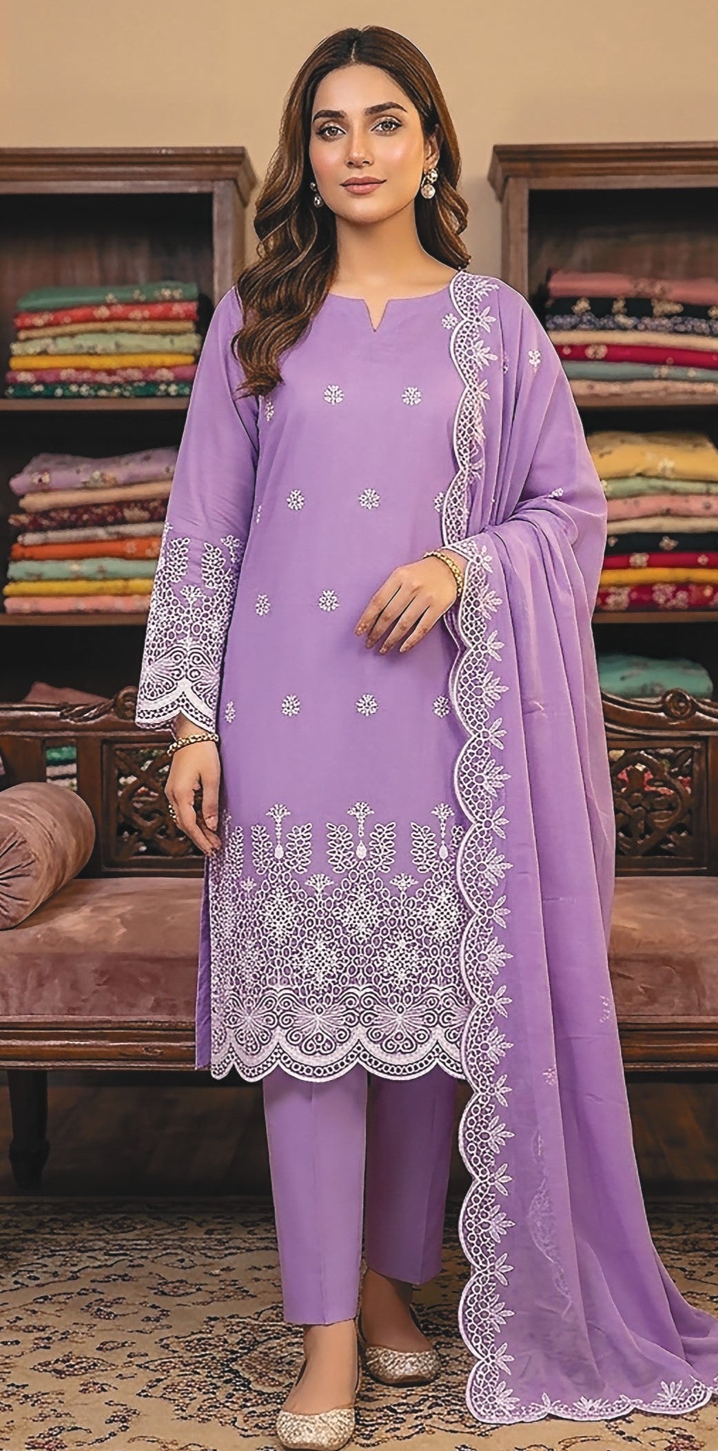 Rimal by UK Vol-48 3PC Unstitched Schiffli Embroidered Lawn Suit (Lavender)