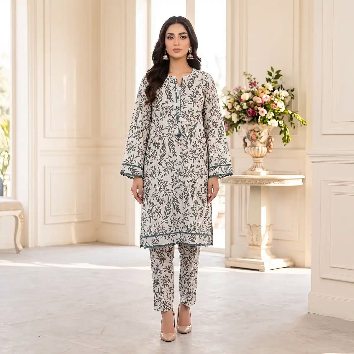 Sapphire 2-Piece Stitched Khaddar Suit (White & Green)