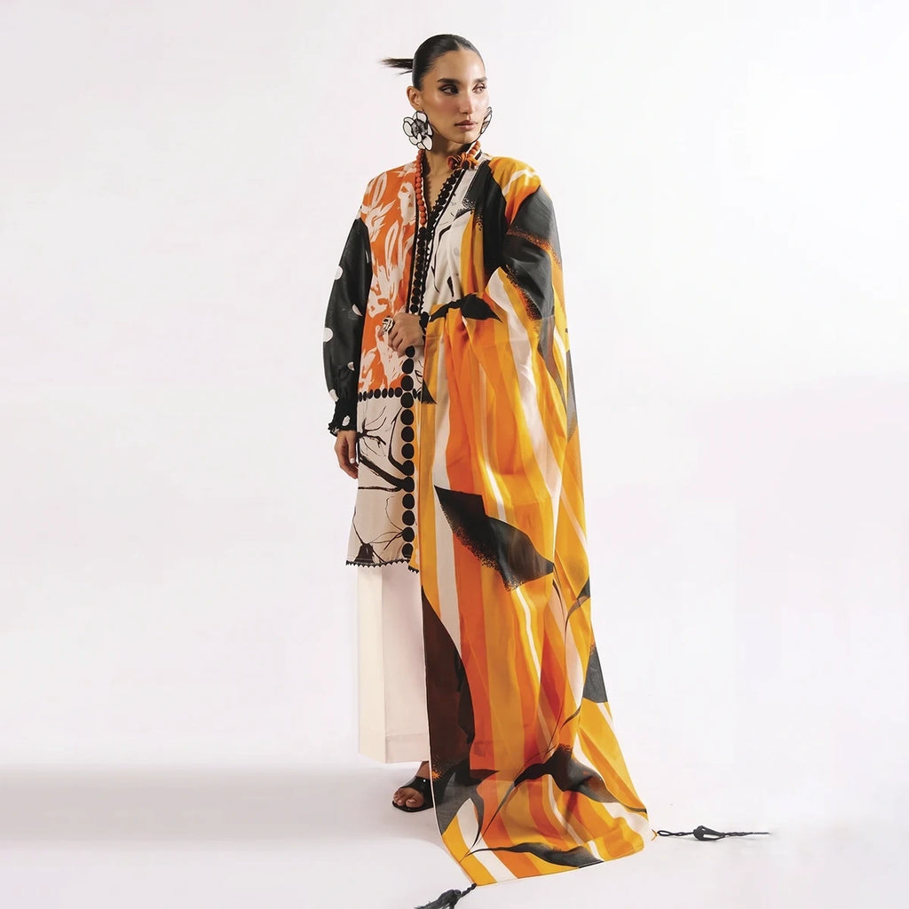 Agha Noor 3-Piece Unstitched Printed Premier Cambric Suit – Skin & Orange