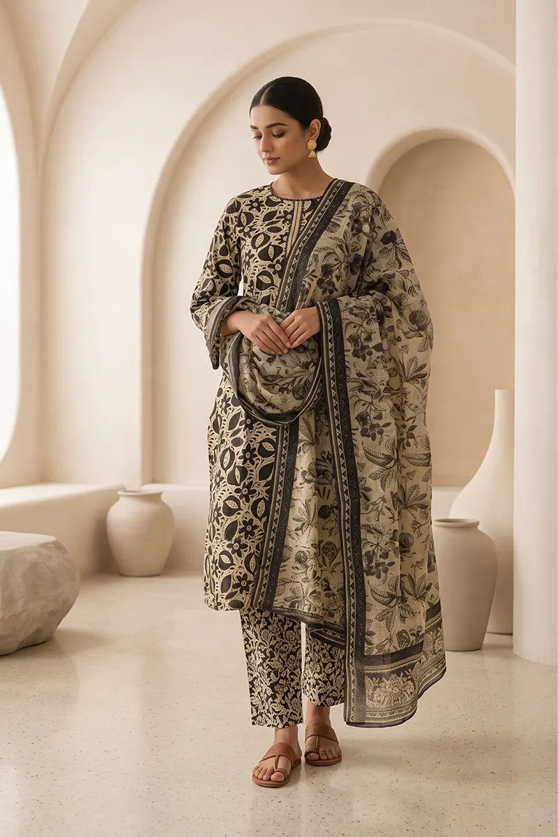 Beechtree - 2piece Stitched suit (Shirt & Dupatta) (Light Khaki)