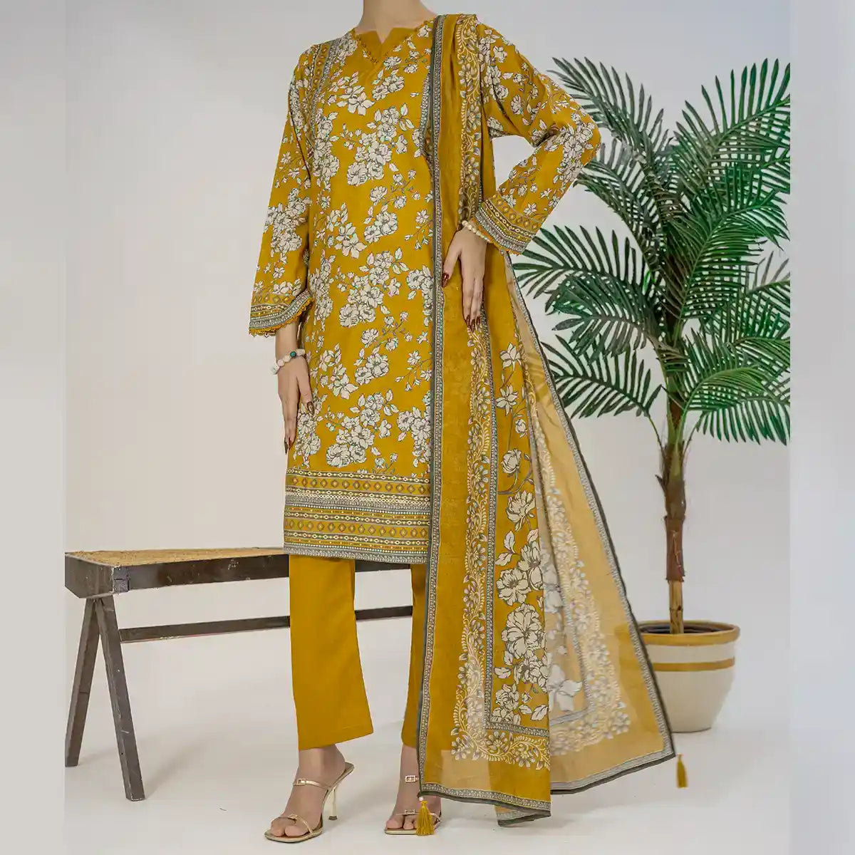 Parthia By KBC Fashion - 3PC Unstitched Printed Cambric Suit (Mustard Gold)