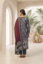 Beechtree - 2piece Stitched suit (Shirt & Dupatta) (Deep Navy Blue & Rust Red)