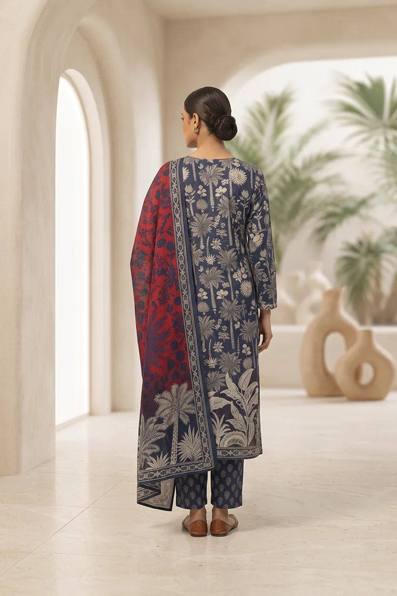 Beechtree - 2piece Stitched suit (Shirt & Dupatta) (Deep Navy Blue & Rust Red)