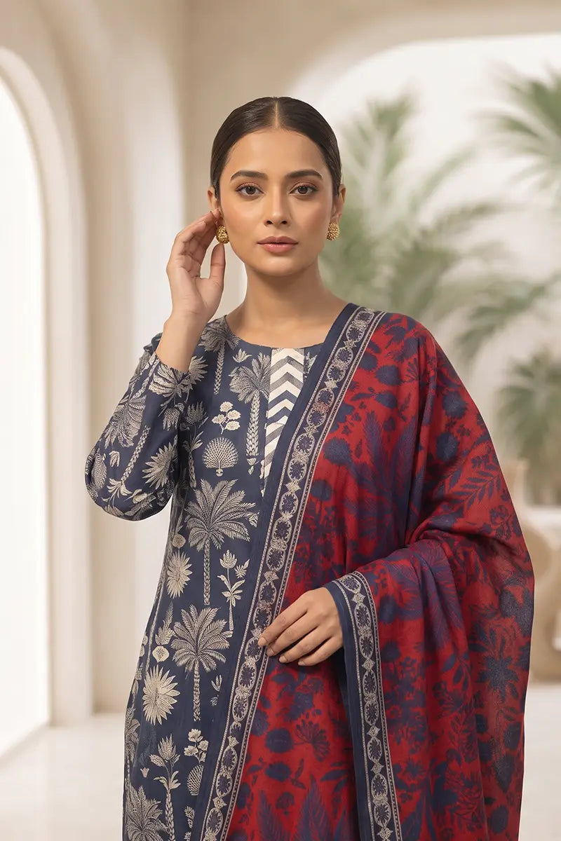 Beechtree - 2piece Stitched suit (Shirt & Dupatta) (Deep Navy Blue & Rust Red)