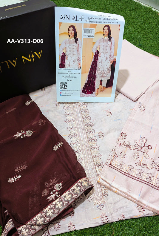 Ain Alif – Unstitched 3PC Embroidered Lawn (Vol-313)