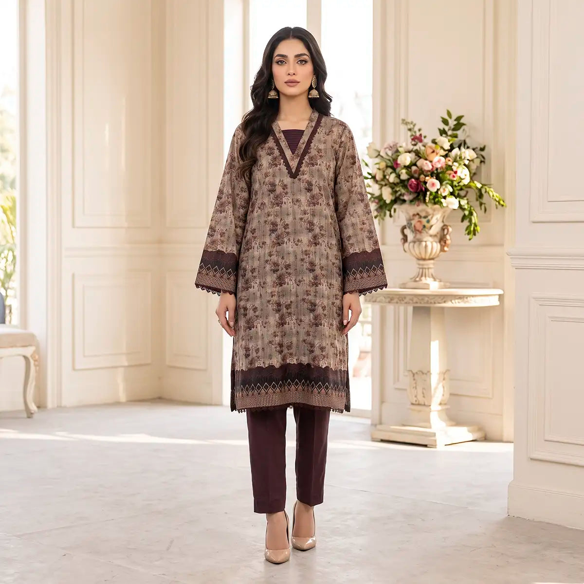 Sapphire 2-Piece Stitched Khaddar Suit (Brown)