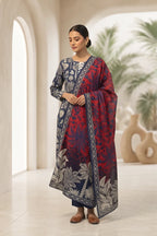 Beechtree - 2piece Stitched suit (Shirt & Dupatta) (Deep Navy Blue & Rust Red)