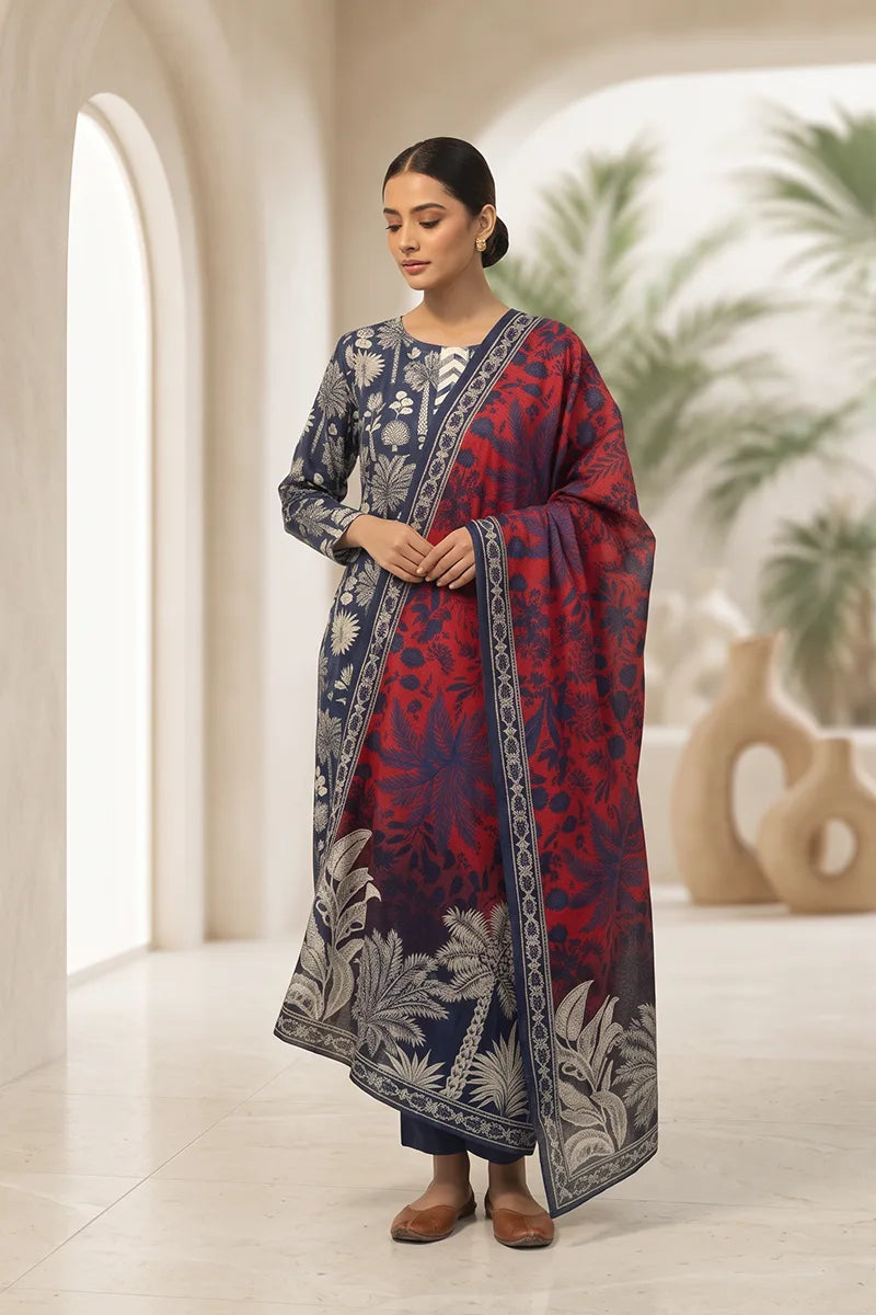 Beechtree - 2piece Stitched suit (Shirt & Dupatta) (Deep Navy Blue & Rust Red)