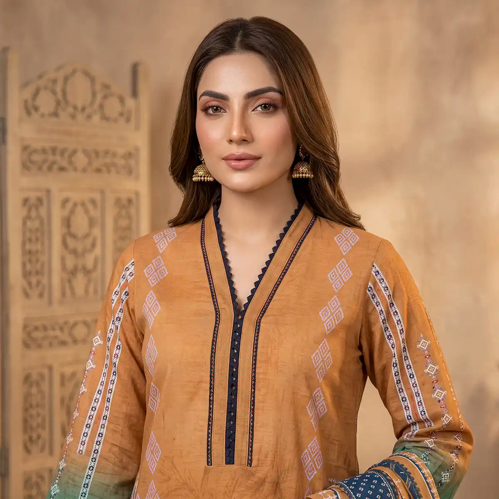 Orchid by KBC Fashion – Printed Khaddar 3 Piece Unstitched Suit – [Brown]