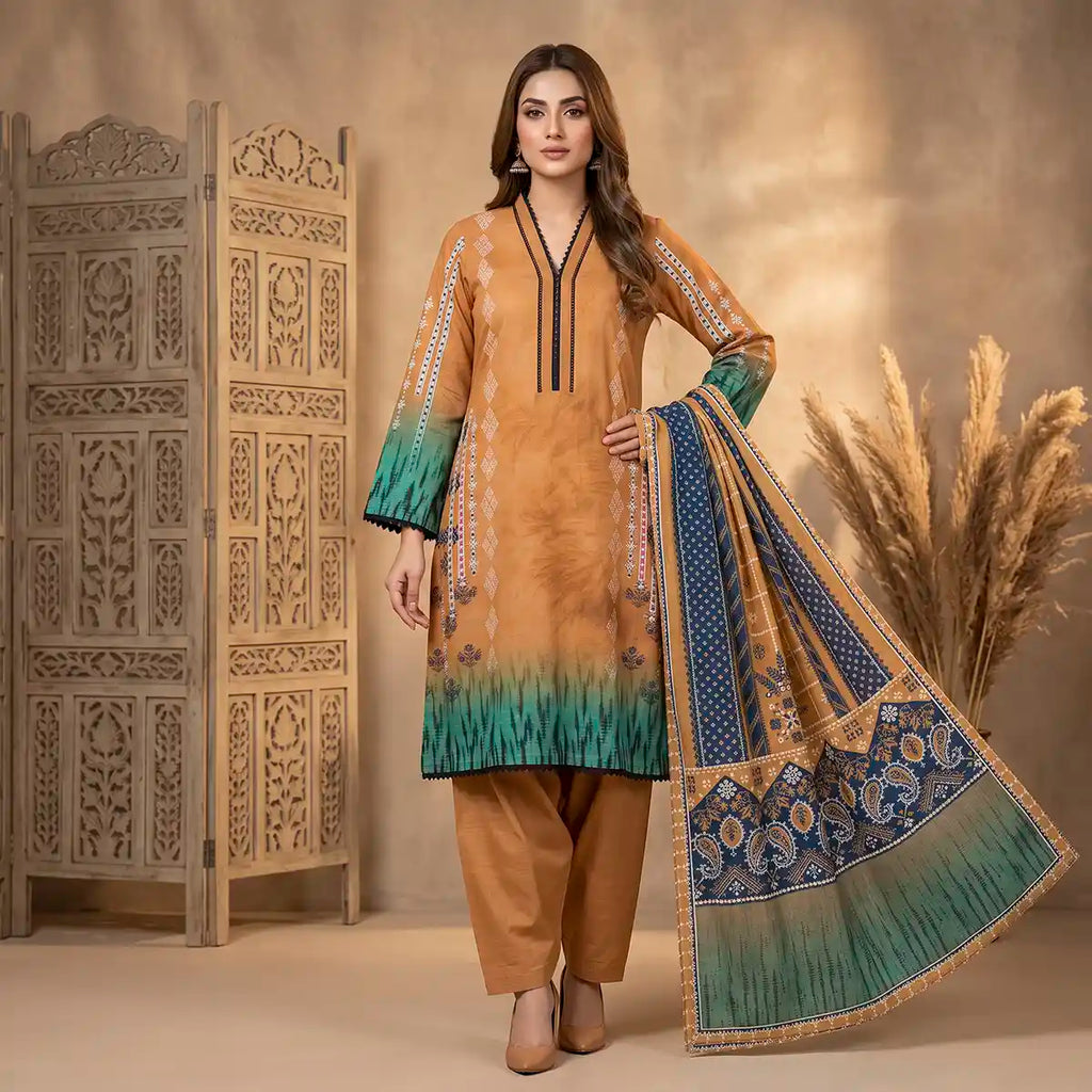 Orchid by KBC Fashion – Printed Khaddar 3 Piece Unstitched Suit – [Brown]