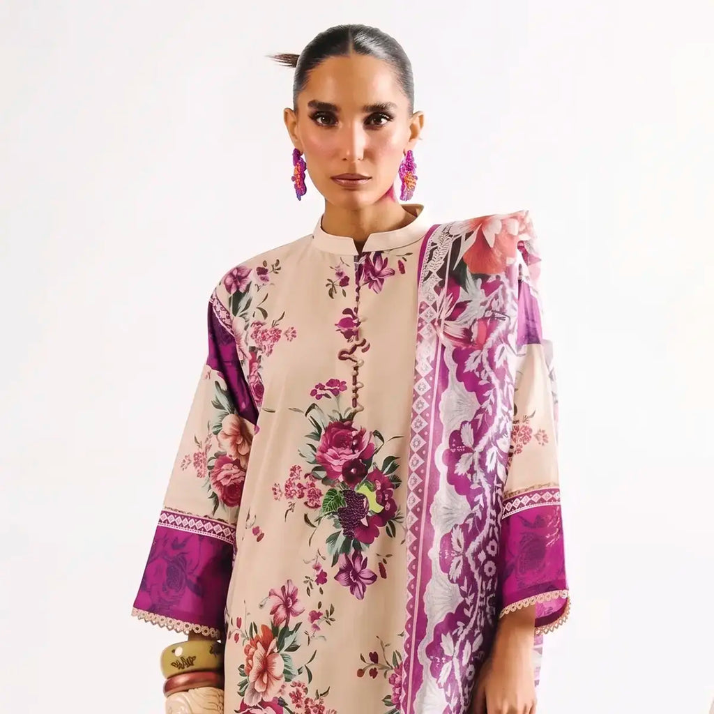 Agha Noor 3-Piece Unstitched Printed Premier Cambric Suit – Beige