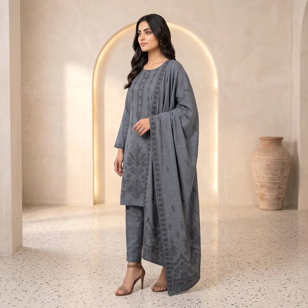 Chaman By Bareeze Embroidery – Unstitched 3 Piece Suit - Gray