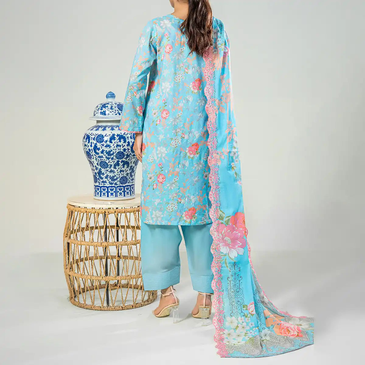 Aarzoo By KBC Fashion – 3 Piece Unstitched Embroidered Lawn Suit  – Light ferozi