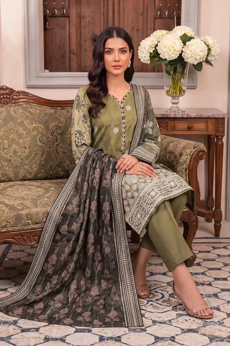 Rimal Vol 118 – Embroidered Unstitched 3-Piece Lawn Suit (Olive Green)