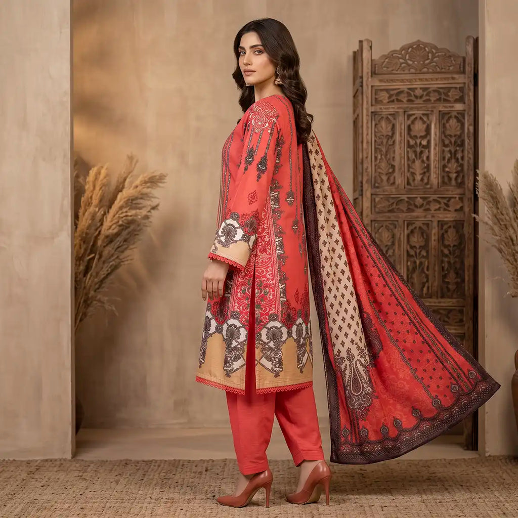 Orchid by KBC Fashion – Printed Khaddar 3 Piece Unstitched Suit – [Coral Red]