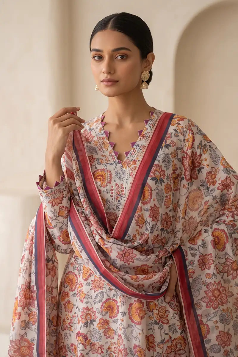 Beechtree - 2piece Stitched suit (Shirt & Dupatta) (Soft Cream)