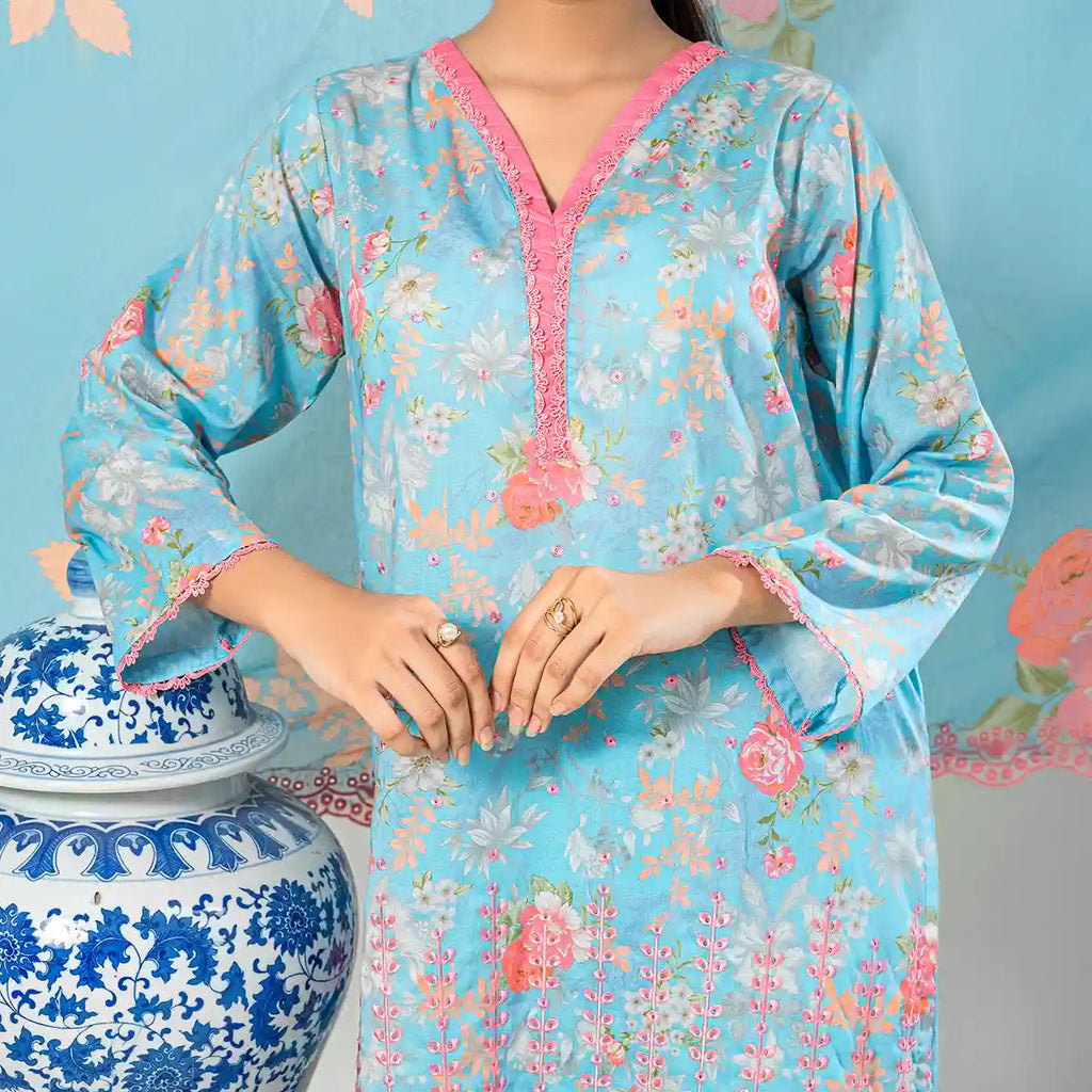 Aarzoo By KBC Fashion – 3 Piece Unstitched Embroidered Lawn Suit  – Light ferozi