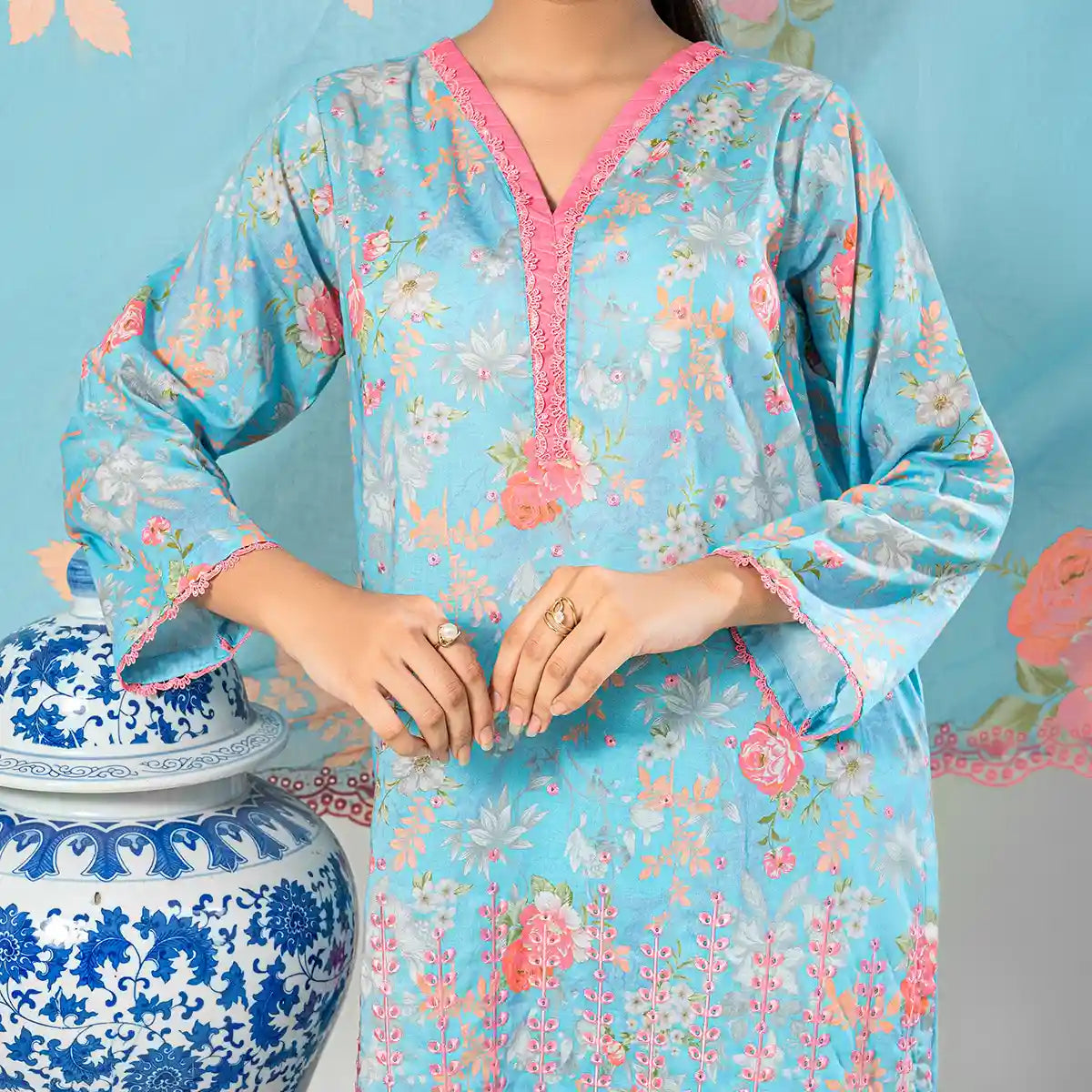 Aarzoo By KBC Fashion – 3 Piece Unstitched Embroidered Lawn Suit  – Light ferozi